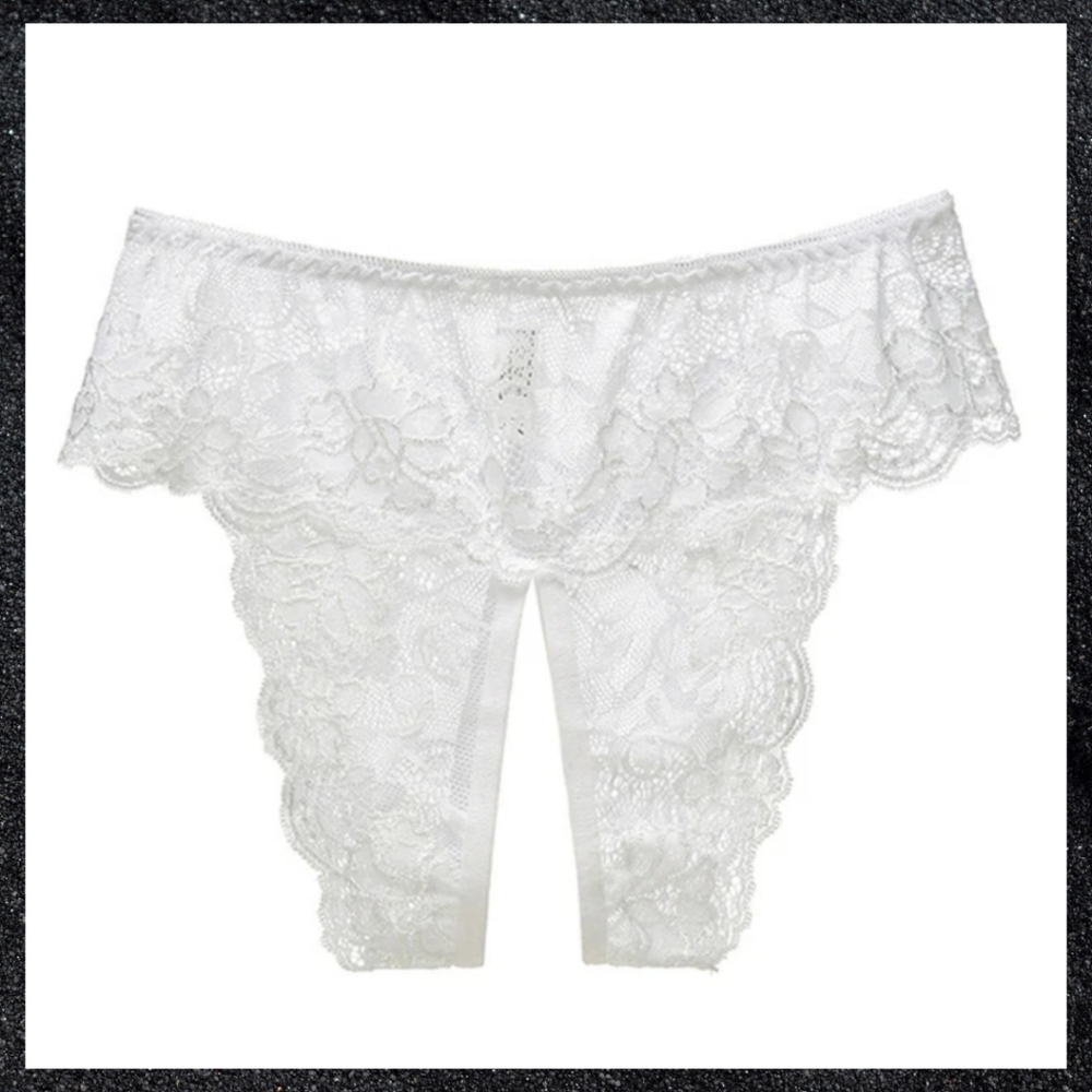White Sheer Floral Lace Crotchless Panty